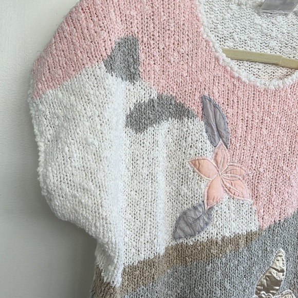 Vintage 80s Embellished Abstract Pastel Acrylic Sweater with floral appliqué - Picture 2 of 8